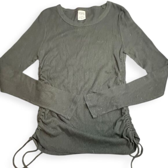 PINK VICTORIA’S SECRET Women’s Black Long Sleeve Ruched Side Top Size Large - Picture 1 of 4